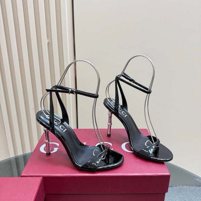 STRAP HIGH BAMBOO-EFFECT HEEL SANDAL IN BLACK PATENT CALFSKIN