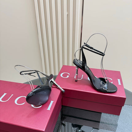 STRAP HIGH BAMBOO-EFFECT HEEL SANDAL IN BLACK PATENT CALFSKIN