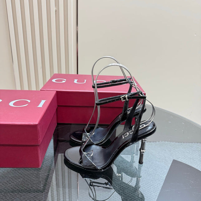 STRAP HIGH BAMBOO-EFFECT HEEL SANDAL IN BLACK PATENT CALFSKIN