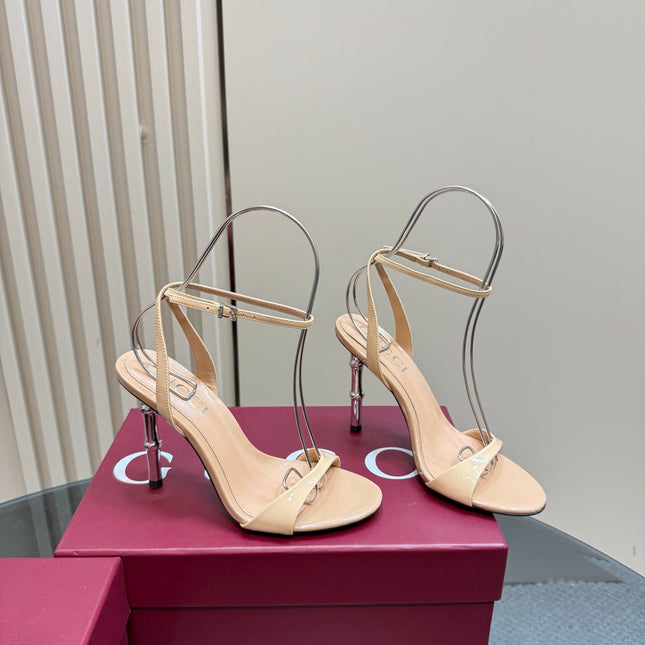 STRAP HIGH BAMBOO-EFFECT HEEL SANDAL IN BEIGE PATENT CALFSKIN