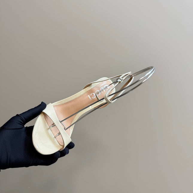 STRAP HIGH BAMBOO-EFFECT HEEL SANDAL IN CREAM PATENT CALFSKIN