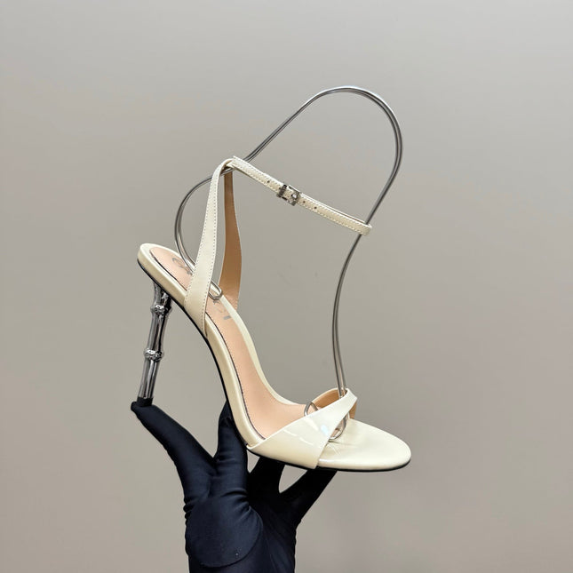 STRAP HIGH BAMBOO-EFFECT HEEL SANDAL IN CREAM PATENT CALFSKIN