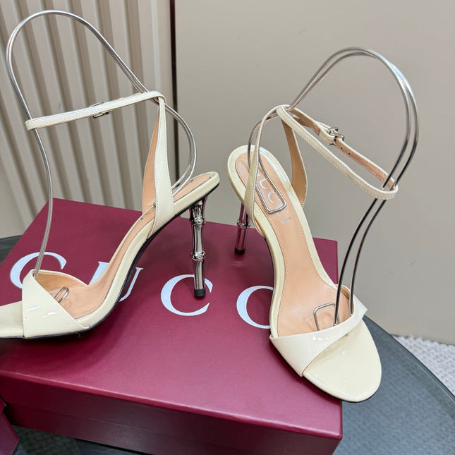 STRAP HIGH BAMBOO-EFFECT HEEL SANDAL IN CREAM PATENT CALFSKIN