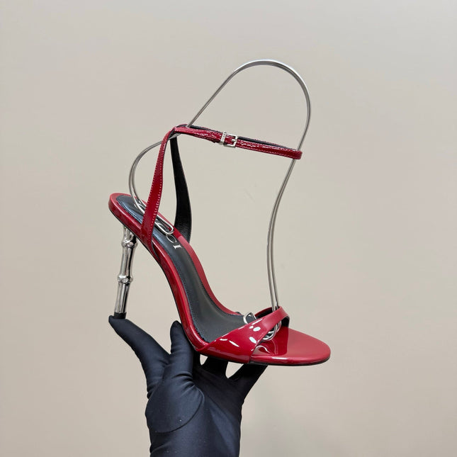 STRAP HIGH BAMBOO-EFFECT HEEL SANDAL IN RED PATENT CALFSKIN