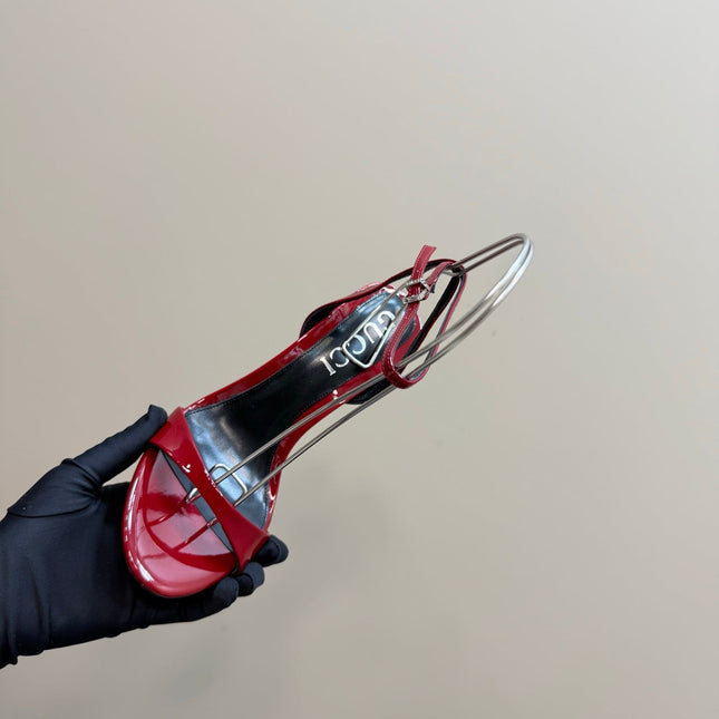 STRAP HIGH BAMBOO-EFFECT HEEL SANDAL IN RED PATENT CALFSKIN