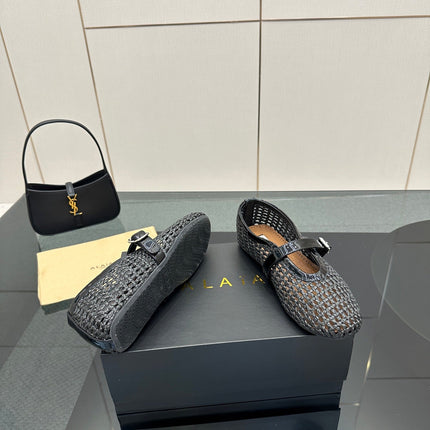 ALAIA MARY JANE FLAT 25S IN CHARCOAL GREY WOVEN MESH