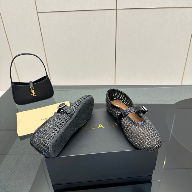 ALAIA MARY JANE FLAT 25S IN CHARCOAL GREY WOVEN MESH