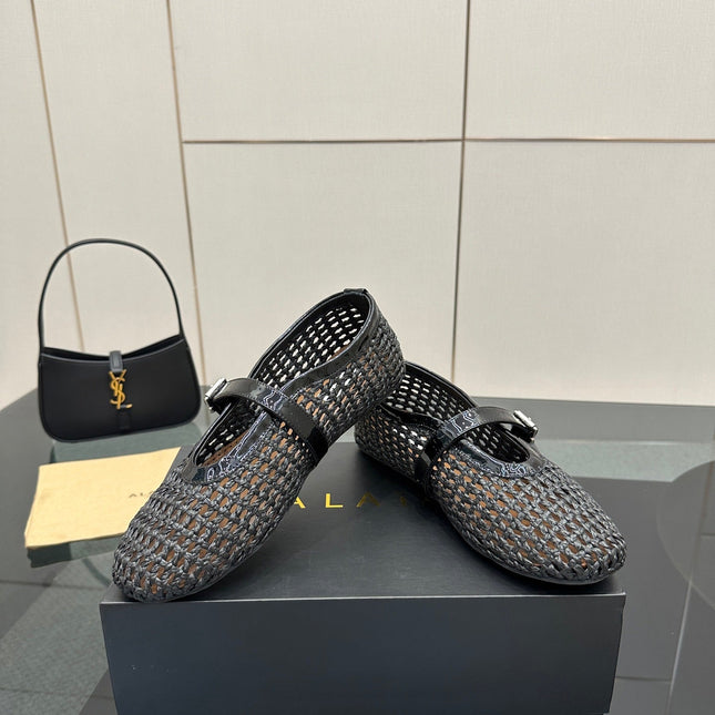ALAIA MARY JANE FLAT 25S IN CHARCOAL GREY WOVEN MESH
