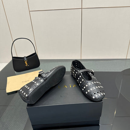 ALAIA BALLET SHOES 25S IN BLACK LAMBSKIN WITH CRYSTAL DETAILING