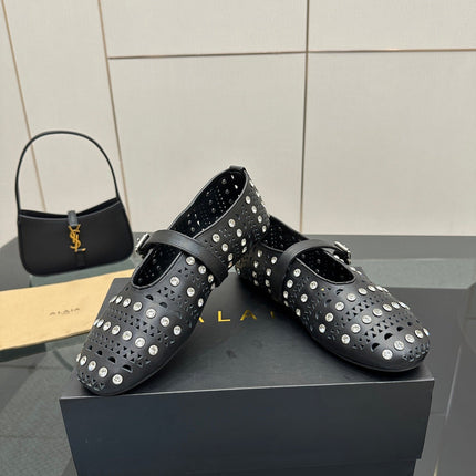 ALAIA BALLET SHOES 25S IN BLACK LAMBSKIN WITH CRYSTAL DETAILING