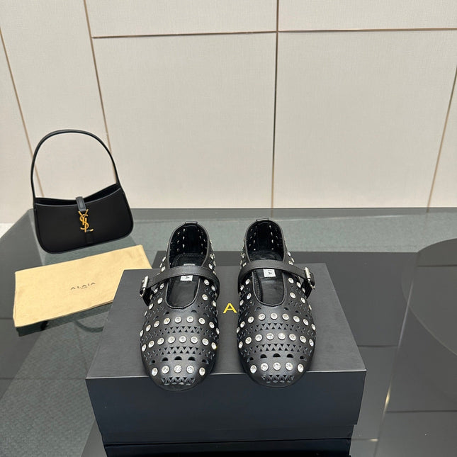 ALAIA BALLET SHOES 25S IN BLACK LAMBSKIN WITH CRYSTAL DETAILING