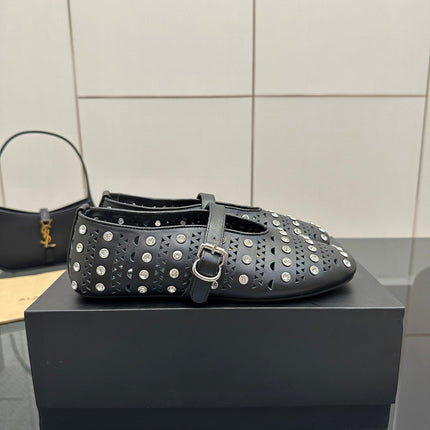ALAIA BALLET SHOES 25S IN BLACK LAMBSKIN WITH CRYSTAL DETAILING