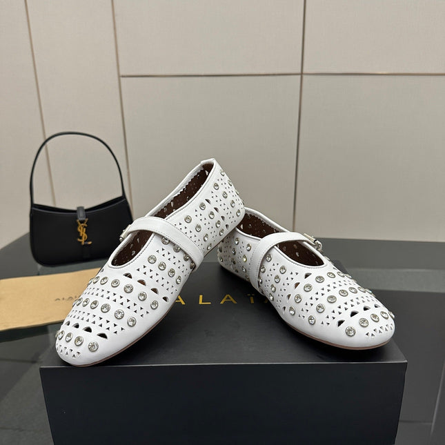 ALAIA BALLET SHOES 25S IN WHITE LAMBSKIN WITH CRYSTAL DETAILING