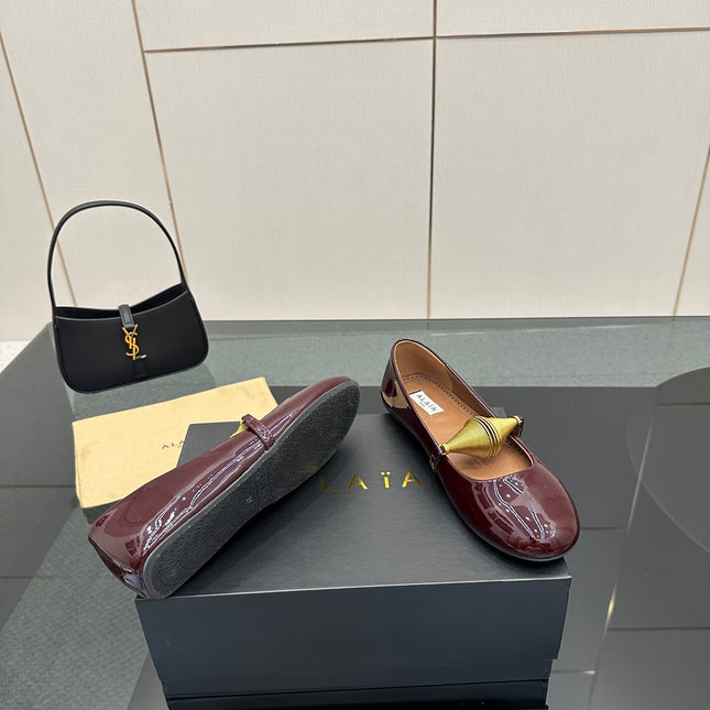 ALAIA BALLET SHOES 25S IN DARK RED PATENT LEATHER WITH GOLD HARDWARE