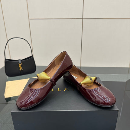 ALAIA BALLET SHOES 25S IN DARK RED PATENT LEATHER WITH GOLD HARDWARE