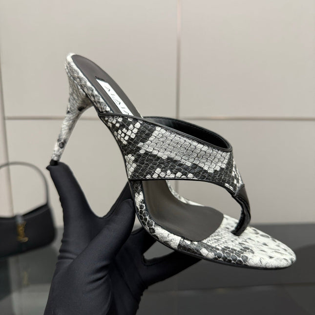 ALAIA HEELED THONG 25S IN WHITE AND BLACK LAMBSKIN SNAKE-EMBOSSED