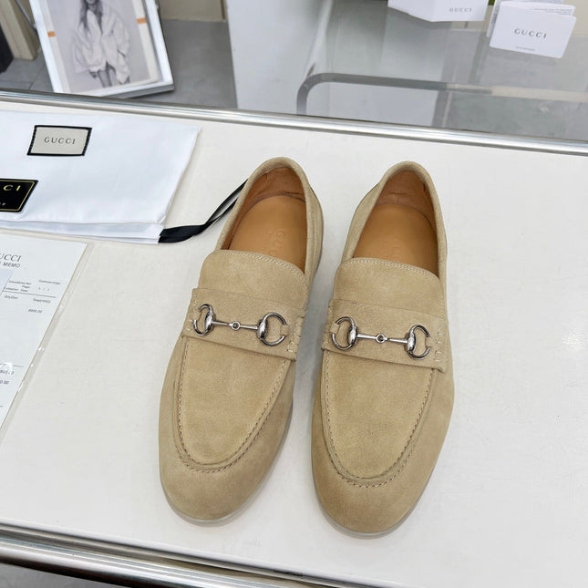 LOAFERS WITH SILVER HARDWARE IN BEIGE SUEDE