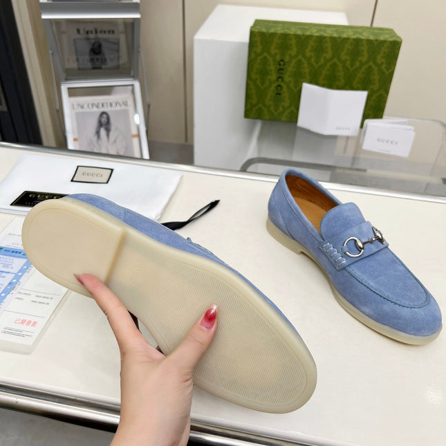 LOAFERS WITH SILVER HARDWARE IN CORNFLOWER BLUE SUEDE