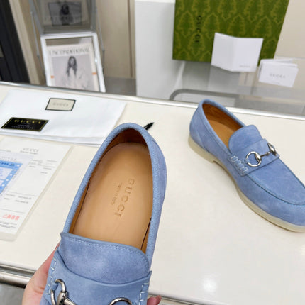 LOAFERS WITH SILVER HARDWARE IN CORNFLOWER BLUE SUEDE