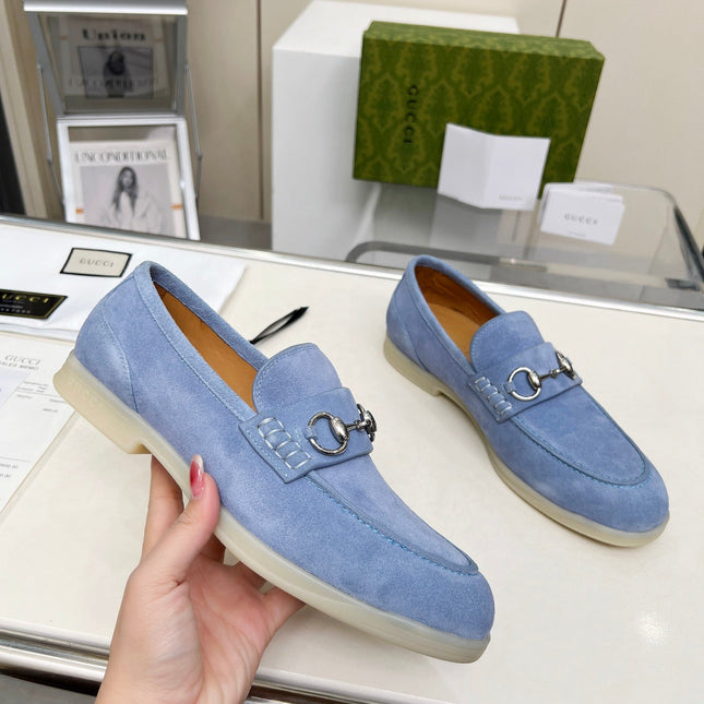 LOAFERS WITH SILVER HARDWARE IN CORNFLOWER BLUE SUEDE