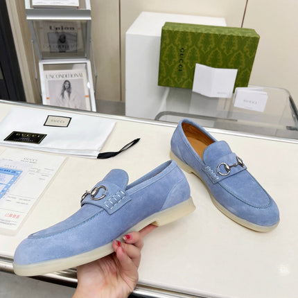 LOAFERS WITH SILVER HARDWARE IN CORNFLOWER BLUE SUEDE
