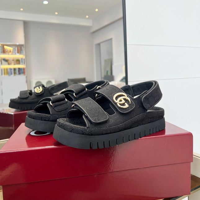 VELCRO STRAP SANDALS IN BLACK MONOGRAM CANVAS GOLD HARDWARE