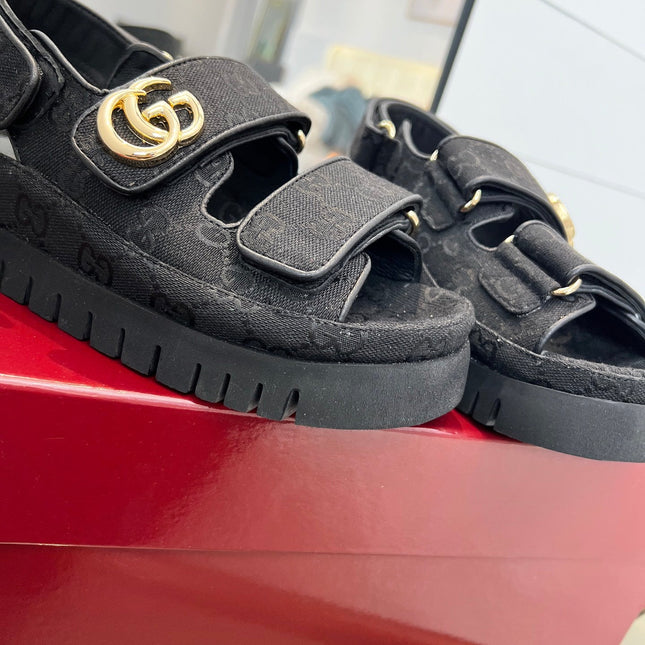VELCRO STRAP SANDALS IN BLACK MONOGRAM CANVAS GOLD HARDWARE