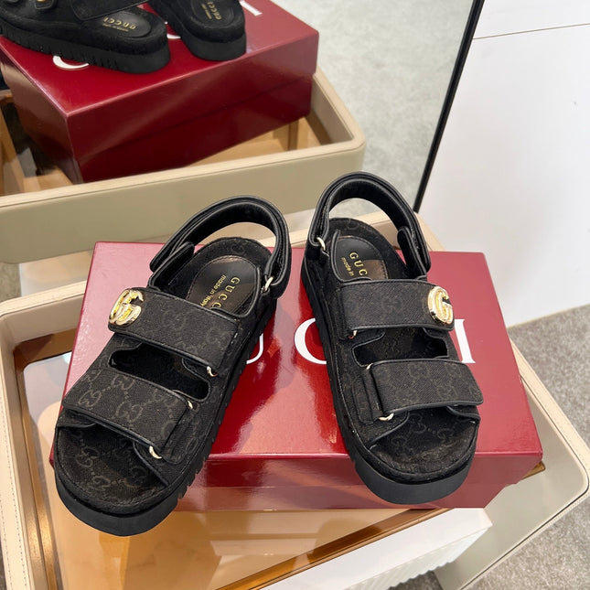 VELCRO STRAP SANDALS IN BLACK MONOGRAM CANVAS GOLD HARDWARE
