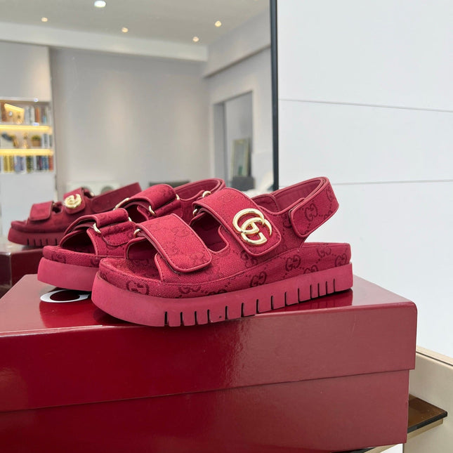VELCRO STRAP SANDALS IN BRICK RED MONOGRAM CANVAS GOLD HARDWARE