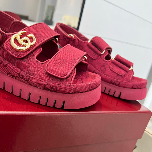 VELCRO STRAP SANDALS IN BRICK RED MONOGRAM CANVAS GOLD HARDWARE