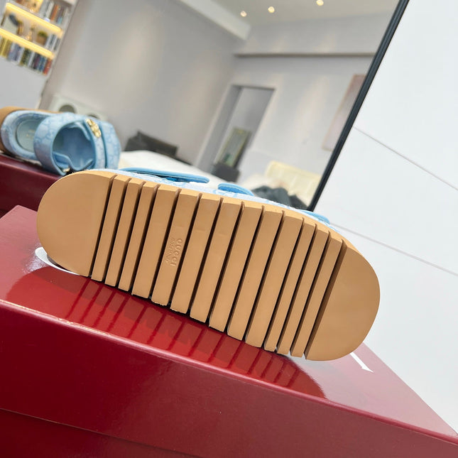 VELCRO STRAP SANDALS IN SKY BLUE MONOGRAM CANVAS GOLD HARDWARE