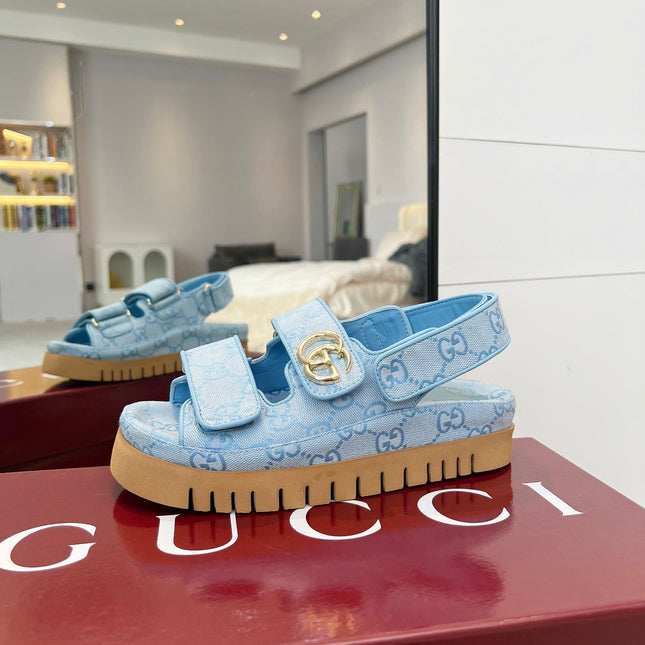 VELCRO STRAP SANDALS IN SKY BLUE MONOGRAM CANVAS GOLD HARDWARE