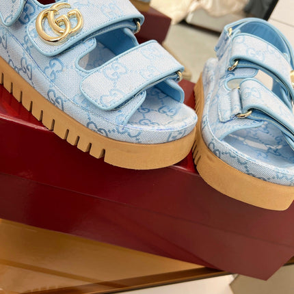 VELCRO STRAP SANDALS IN SKY BLUE MONOGRAM CANVAS GOLD HARDWARE