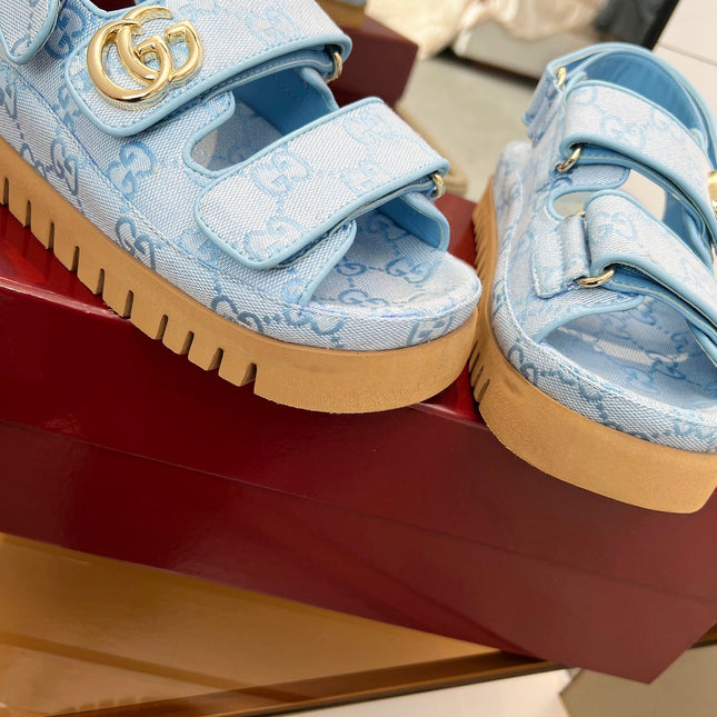 VELCRO STRAP SANDALS IN SKY BLUE MONOGRAM CANVAS GOLD HARDWARE