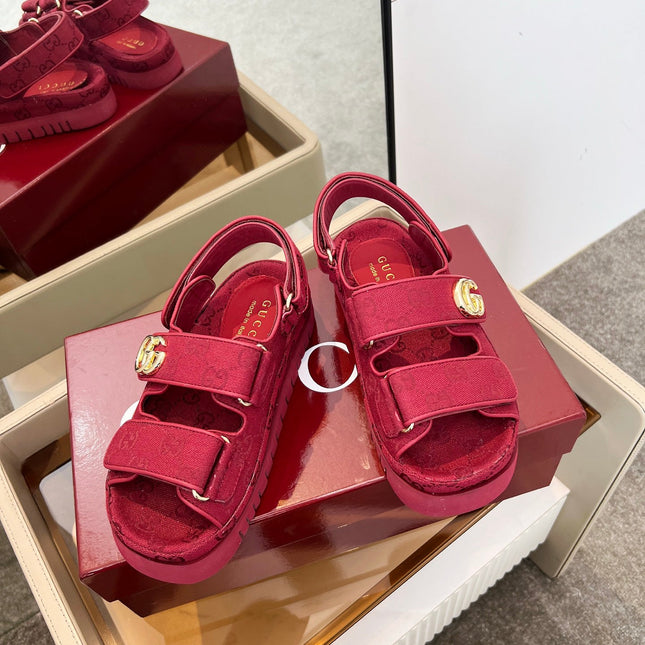 VELCRO STRAP SANDALS IN BRICK RED MONOGRAM CANVAS GOLD HARDWARE