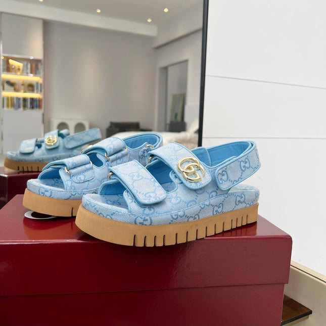 VELCRO STRAP SANDALS IN SKY BLUE MONOGRAM CANVAS GOLD HARDWARE