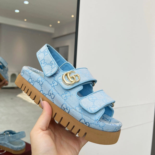 VELCRO STRAP SANDALS IN SKY BLUE MONOGRAM CANVAS GOLD HARDWARE