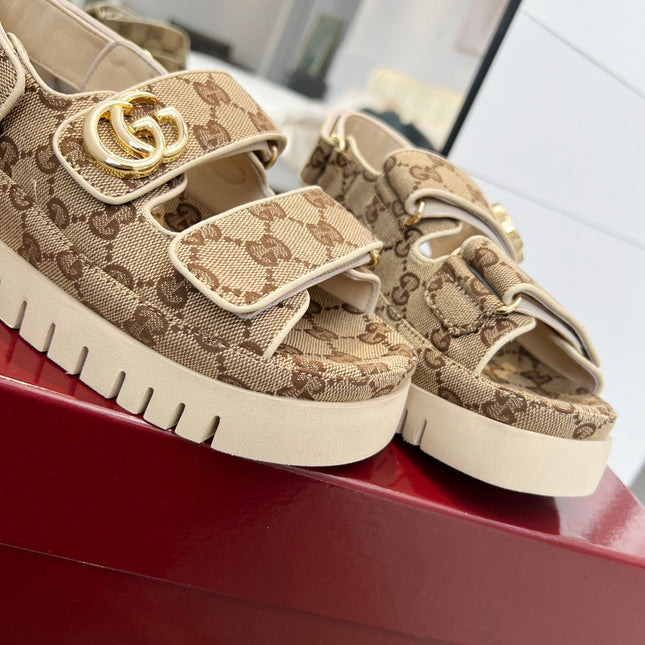 VELCRO STRAP SANDALS IN BEIGE AND DARK BROWN MONOGRAM CANVAS GOLD HARDWARE