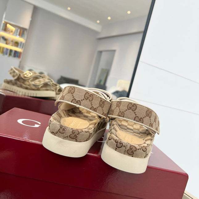 VELCRO STRAP SANDALS IN BEIGE AND DARK BROWN MONOGRAM CANVAS GOLD HARDWARE