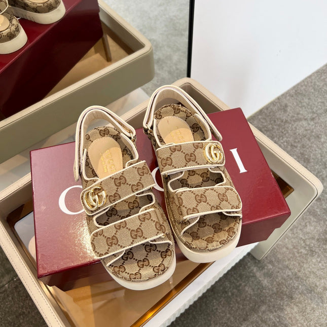 VELCRO STRAP SANDALS IN BEIGE AND DARK BROWN MONOGRAM CANVAS GOLD HARDWARE