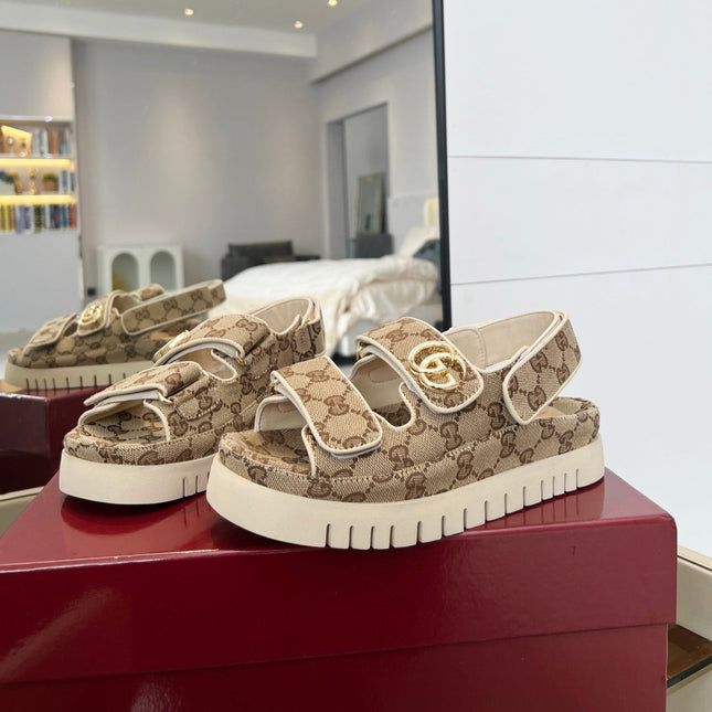 VELCRO STRAP SANDALS IN BEIGE AND DARK BROWN MONOGRAM CANVAS GOLD HARDWARE