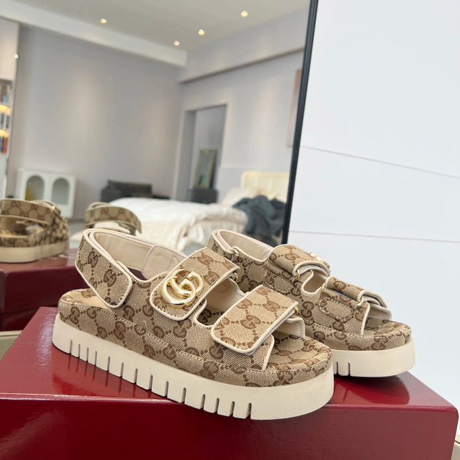 VELCRO STRAP SANDALS IN BEIGE AND DARK BROWN MONOGRAM CANVAS GOLD HARDWARE