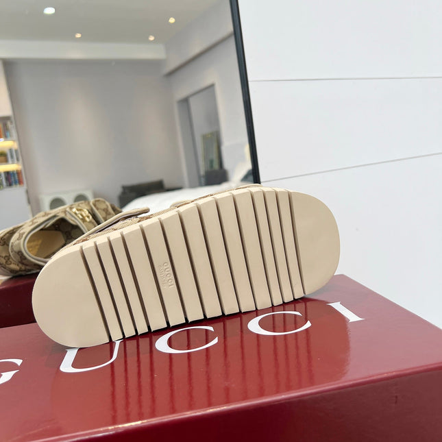 VELCRO STRAP SANDALS IN BEIGE AND DARK BROWN MONOGRAM CANVAS GOLD HARDWARE