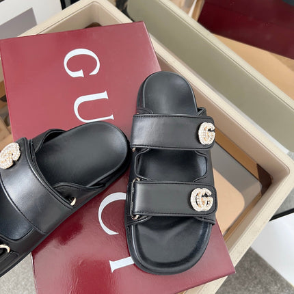 DOUBLE G CRYSTAL FLAT SANDALS IN BLACK SOFT LAMBSKIN