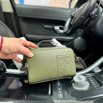 LOE MINI 18 CAMERA CROSS BODY BAG IN OLIVE GREEN CALFSKIN