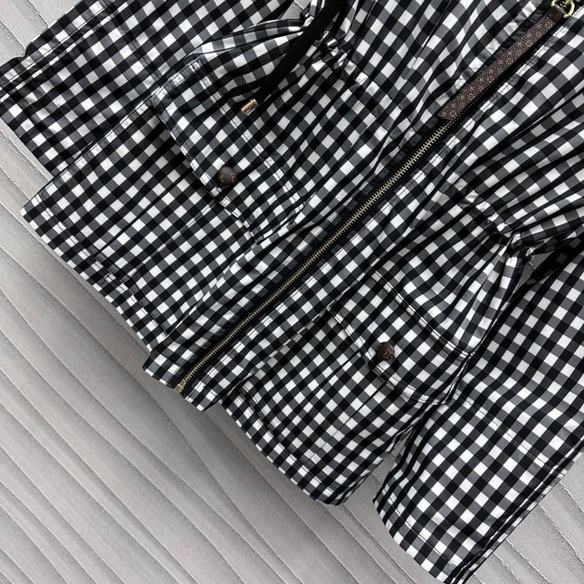 Lv Check Hooded Black White Parka 224851