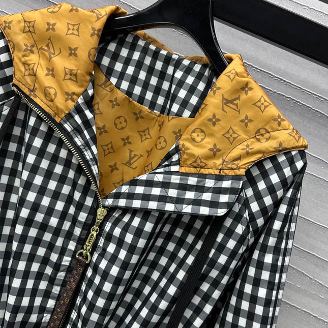 Lv Check Hooded Black White Parka 224851