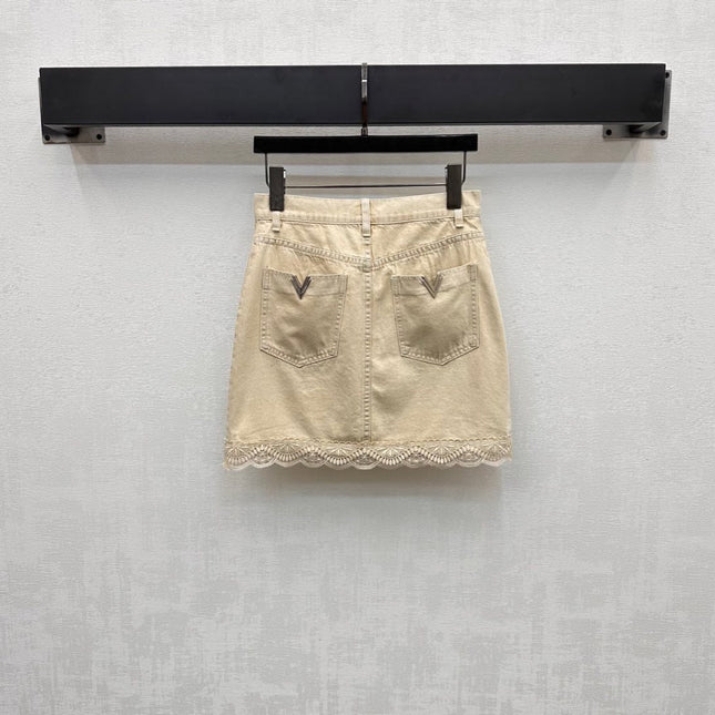 VLTN DENIM VEST SET WITH SLEEVELESS TOP AND LACE-TRIMMED MINI SKIRT