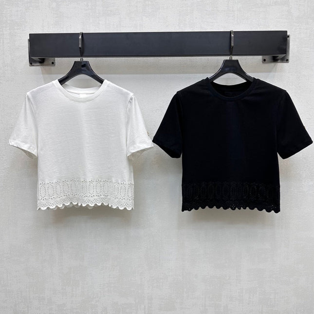 LV T-SHIRT WITH LACE-TRIMMED HEM