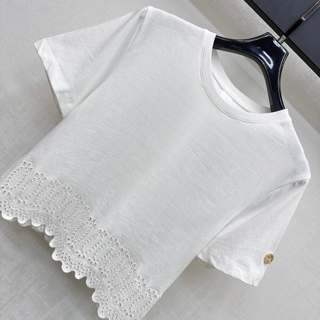 LV T-SHIRT WITH LACE-TRIMMED HEM
